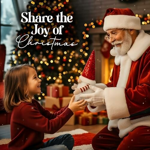 Child receiving a gift from Santa Claus in a festive setting.