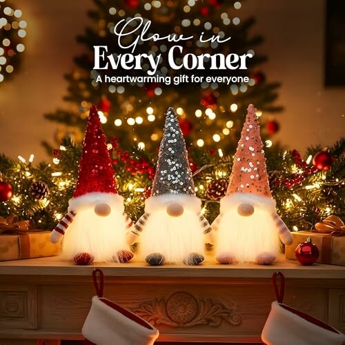 Three Christmas gnomes with sequin hats in front of a decorated tree.