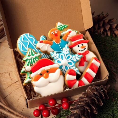Box of Christmas-themed decorated cookies including Santa, snowman, gingerbread man, and candy cane.