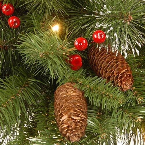 Close-up of Christmas tree branches with pinecones and red berries.