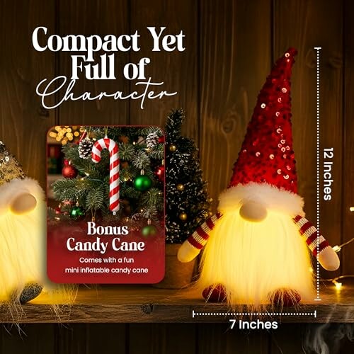 Festive gnome decoration with candy cane, dimensions 12x7 inches.