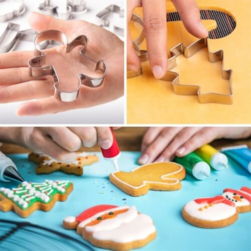 Cookie cutters and decorated cookies with icing.