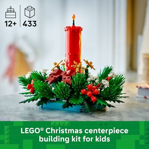 A beautifully crafted LEGO Christmas centerpiece building kit for kids with a candle and greenery, perfect for the holiday season.