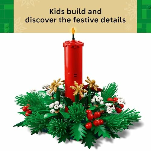 A beautifully crafted LEGO festive candle decoration with greenery and berries, perfect for the holiday season.