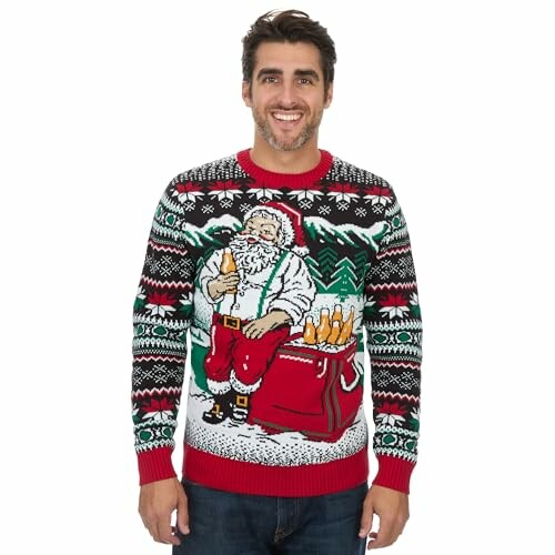 Man wearing a festive Christmas sweater with Santa Claus design.