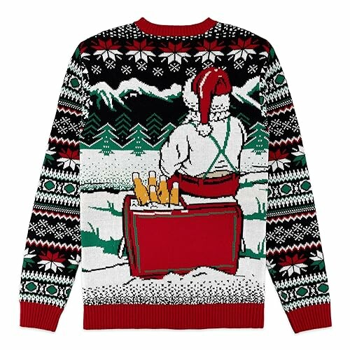 Ugly Christmas sweater with Santa sitting on a chimney.