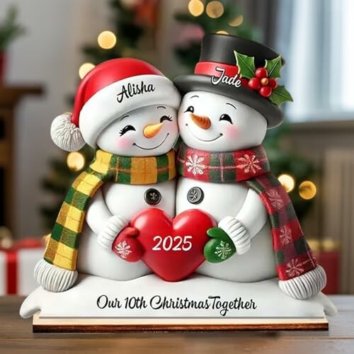 Snowman couple figurine with a heart labeled 2025.